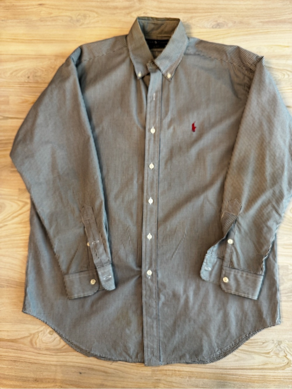 Ralph Lauren Gray Micro-Check Button-Down Shirt with Red Polo Logo